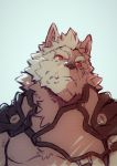  absurd_res anthro armor bust_portrait canid canine canis chest_tuft facial_hair fangs fur hair heylaw21 hi_res male mammal marchosias_(tas) portrait red_eyes simple_background solo tokyo_afterschool_summoners tuft video_games wolf 