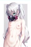  1girl aqua_eyes bangs breasts collarbone colored_eyelashes commentary_request dosu_(doseven) gas_mask grey_background groin highres long_hair looking_at_viewer navel nipples nude original out-of-frame_censoring ribs silver_hair small_breasts solo stomach twintails two-tone_background v-shaped_eyebrows very_long_hair 