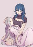  2girls bangs blue_eyes blue_hair blush breast_grab breast_sucking breast_sucking_through_clothes breasts byleth_(fire_emblem) byleth_(fire_emblem)_(female) cleavage cleavage_cutout covered_nipples dress edelgard_von_hresvelg eyebrows_visible_through_hair feet_out_of_frame fire_emblem fire_emblem:_three_houses grabbing gradient gradient_background grey_background groping hair_ribbon half-closed_eyes highres knees_up large_breasts long_hair medium_breasts multiple_girls one_side_up parted_lips pink_dress puffy_short_sleeves puffy_sleeves purple_ribbon ribbon short_sleeves sidelocks silver_hair sitting smile tears very_long_hair yokozuwari yudepan_(yuri_no_sugata) yuri 