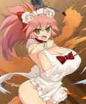 1girl animal_ear_fluff animal_ears apron arm_garter bangs bare_shoulders bell bell_collar blush bow breasts brown_background brown_eyes cat_hair_ornament cleavage collar fangs fate/extra fate/grand_order fate_(series) fox_ears fox_girl fox_tail gloves gradient gradient_background hair_between_eyes hair_bow hair_ornament huge_breasts jingle_bell ladle long_hair looking_at_viewer maid_headdress naked_apron open_mouth oro_(zetsubou_girl) paw_gloves paw_print paw_shoes paws pink_hair ponytail red_bow shoes sideboob sidelocks smile solo tail tamamo_(fate)_(all) tamamo_cat_(fate) 