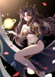  1girl absurdres anklet armlet bandeau bangs bare_legs barefoot black_gloves black_hair black_legwear earrings elbow_gloves eyebrows_visible_through_hair fate/grand_order fate_(series) feet_out_of_frame gloves hand_on_hip highres hoop_earrings ishtar_(fate)_(all) ishtar_(fate/grand_order) jewelry long_hair looking_at_viewer midriff navel petals red_eyes shenyin_jiade_aquan single_glove single_thighhigh smile solo stomach strapless thighhighs thighs tiara tubetop two_side_up 