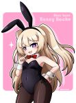  1girl :3 animal_ears azur_lane bache_(azur_lane) black_legwear black_leotard blonde_hair bow bowtie breasts bunny_ears bunny_girl bunny_tail bunnysuit character_name commentary_request cowboy_shot detached_collar kurono leotard long_hair looking_at_viewer pantyhose purple_eyes red_neckwear small_breasts smile solo standing strapless strapless_leotard tail two-tone_background two_side_up wrist_cuffs 