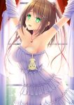  1girl arm_strap armpits backlighting blush breasts cat cleavage collarbone commentary_request curtains dress eyebrows_visible_through_hair green_eyes hair_between_eyes heart heart_necklace highres indoors iwamoto_sora light_brown_hair looking_at_viewer medium_breasts moe2020 open_mouth original see-through sleeveless sleeveless_dress solo strapless strapless_dress white_dress window 