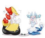  ambiguous_gender anthro braixen confusion dlrowdog duo feral food fur mammal nintendo pok&eacute;mon pok&eacute;mon_(species) primarina transformation video_games yellow_body yellow_fur 