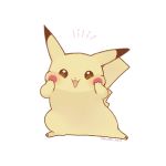  :d ayu_(mog) cheek_squash creature full_body gen_1_pokemon happy looking_at_viewer no_humans open_mouth pikachu pokemon pokemon_(creature) signature simple_background smile solo standing white_background 
