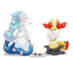  ambiguous_gender anthro blue_eyes braixen canid canine dlrowdog duo feral food fur inner_ear_fluff mammal marine nintendo pinniped pok&eacute;mon pok&eacute;mon_(species) primarina tuft video_games yellow_body yellow_fur 