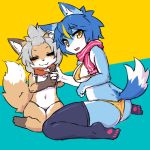  1:1 2019 4_toes 5_fingers anthro big_breasts bikini blue_body blue_fur blue_hair blush breasts canid canine clothed clothing duo ear_tuft eyes_closed female female/female fingers fluffy fluffy_tail fox fur grey_hair hair kemono looking_at_viewer mammal nanahoshi_suzu navel occhan ohakotome open_mouth pawpads scarf side_boob simple_background smile snout swimwear tan_body tan_fur toes topwear tuft yellow_eyes 
