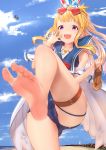  1girl ass bangs bare_shoulders barefoot beach blonde_hair blue_sky blue_swimsuit blush breasts cagliostro_(granblue_fantasy) collarbone dragon eyewear_on_head feet granblue_fantasy gundam00uc hair_ornament hand_up heart heart-shaped_eyewear high_ponytail highres leg_up legs lighthouse long_hair looking_at_viewer ocean off_shoulder one-piece_swimsuit open_mouth purple_eyes sailor_collar sandals sidelocks sky small_breasts smile soles solo swimsuit thigh_strap toes wet 