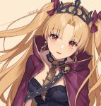  1girl artist_name blonde_hair blush breasts collarbone earrings ereshkigal_(fate/grand_order) eyebrows_visible_through_hair fate/grand_order fate_(series) highres jewelry large_breasts long_hair looking_at_viewer parted_lips red_eyes smile solo upper_body yume_ou 