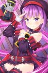  1girl bangs bare_shoulders black_legwear blush breasts commentary covered_navel detached_sleeves eyebrows_visible_through_hair fate/grand_order fate_(series) hat helena_blavatsky_(fate/grand_order) highres hiyoko_(kokeko) looking_at_viewer purple_eyes purple_hair short_hair small_breasts smile solo strapless thighhighs 