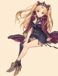  1girl black_legwear blonde_hair breasts collarbone earrings ereshkigal_(fate/grand_order) eyebrows_visible_through_hair fate/grand_order fate_(series) full_body highres jewelry large_breasts long_hair looking_at_viewer red_eyes single_thighhigh sitting solo thighhighs twintails yume_ou 