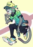  2020 adastra alexios_(adastra) anthro baseball_cap biped blep body_hair bottomwear can claws clothed clothing digital_media_(artwork) domestic_cat dress_shirt ear_piercing ear_ring echo_project english_text fanny_pack felid feline felis footwear fur green_body green_fur green_sclera grey_body grey_fur haps hat headgear headwear hi_res jewelry looking_at_viewer male mammal multicolored_body multicolored_fur pants piercing ring shirt shoes simple_background solo text tongue tongue_out topwear two_tone_body two_tone_fur video_games visual_novel white_body white_fur yellow_background zipper 