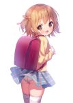  1girl :d ass backpack bag bangs blue_skirt blush bow brown_bow brown_eyes brown_hair chitosezaka_suzu commentary_request eyebrows_visible_through_hair hair_bow holding_strap long_sleeves looking_at_viewer looking_back open_mouth original panties pleated_skirt randoseru shirt simple_background skirt sleeves_past_wrists smile solo thighhighs two_side_up underwear white_background white_legwear white_panties yellow_shirt 