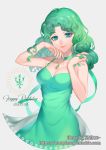  1girl bishoujo_senshi_sailor_moon blue_eyes breasts choker cleavage dated dress eyebrows_visible_through_hair green_dress green_hair green_nails green_ribbon grey_background hair_intakes happy_birthday jewelry kaiou_michiru long_hair looking_at_viewer medium_breasts meryhsmy nail_polish necklace neptune_symbol princess_neptune ribbon ribbon_choker shiny shiny_hair sleeveless sleeveless_dress solo watermark web_address 