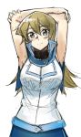  1girl armpits arms_behind_head arms_up bangs blonde_hair blue_skirt breasts brown_eyes closed_mouth eyebrows_visible_through_hair hair_between_eyes highres large_breasts long_hair looking_at_viewer rourou_ill shiny shiny_hair shirt simple_background sketch skirt sleeveless sleeveless_shirt smile solo standing straight_hair tenjouin_asuka very_long_hair white_background white_shirt yuu-gi-ou yuu-gi-ou_gx 