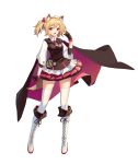  1girl :d absurdres ahoge animal_ear_fluff animal_ears arknights bangs black_cape black_gloves black_vest blonde_hair blush boots bow brown_eyes cape cross-laced_footwear eyebrows_visible_through_hair fang full_body gloves hair_bow hand_up highres knee_boots lace-up_boots long_sleeves looking_at_viewer miniskirt necktie open_mouth pink_skirt pleated_skirt red_bow red_neckwear shenyin_jiade_aquan shirt short_hair simple_background skirt smile solo sora_(arknights) standing tail thighhighs twintails vest white_background white_footwear white_legwear white_shirt wolf_ears wolf_tail zettai_ryouiki 