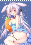  1girl :d ahoge animal_ears ass bare_shoulders black_bow black_collar blue_background blue_dress blush bow bowtie breasts bunny_ears bunny_girl bunny_tail cameltoe cleavage collar commentary_request criss-cross_halter detached_collar diagonal_stripes dress hair_bow halterneck holding_stuffed_toy looking_at_viewer medium_breasts open_mouth original panties red_neckwear silver_hair sleeveless sleeveless_dress smile solo star starry_background striped striped_background stuffed_carrot stuffed_toy suzukawa_yui tail twintails underwear upper_teeth white_panties 