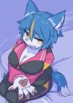  2019 5_fingers anthro bed big_breasts blue_body blue_fur blue_hair blush bottomwear breasts canid canine cleavage clothed clothing female fingers fox fur furniture hair kemono looking_at_viewer mammal nanahoshi_suzu ohakotome pants pawpads shirt sitting snout solo teeth topwear yellow_eyes 
