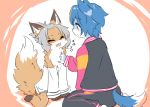  2019 anthro black_bottomwear black_clothing black_pants black_shirt black_topwear blue_body blue_fur blue_hair blush bottomwear canid canine chest_tuft clothed clothing daww duo ear_tuft eyes_closed female fluffy fluffy_tail fox fur grey_hair hair happy japanese_text kemono mammal nanahoshi_suzu occhan ohakotome open_mouth open_smile pants scratching scratching_neck shirt simple_background sitting smile snout tan_body tan_fur text topwear tuft white_clothing white_shirt white_topwear yellow_eyes 