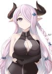  1girl absurdres asymmetrical_gloves bare_shoulders black_gloves blue_eyes blush braid breasts cleavage cleavage_cutout commentary_request draph elbow_gloves fingerless_gloves gloves granblue_fantasy hair_ornament hair_over_one_eye highres horns ichikawayan large_breasts lavender_hair long_hair looking_at_viewer low_tied_hair narmaya_(granblue_fantasy) pointy_ears simple_background single_braid sleeveless smile solo upper_body very_long_hair white_background 