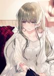  1girl bangs blanket blush breasts brown_hair cecilia_(shiro_seijo_to_kuro_bokushi) clothes_tug collarbone dress eyebrows_visible_through_hair green_eyes kazutake_hazano lamp long_hair long_sleeves medium_breasts night on_bed open_mouth shiro_seijo_to_kuro_bokushi sidelocks sitting sitting_on_bed solo_focus sweat very_long_hair white_dress 