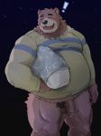  ! 2020 absurd_res animal_crossing anthro balls belly blush brown_body brown_fur clothing flaccid fur genitals hi_res humanoid_genitalia humanoid_hands humanoid_penis kemono male mammal night nintendo overweight overweight_male penis pubes shirt solo teddy_(animal_crossing) topwear ursid video_games warr 