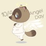  1:1 2016 animal_crossing anthro belly blue_eyes bottomwear brown_body brown_fur canid canine clothing fur hellox2 mammal nintendo pants raccoon_dog shirt simple_background slightly_chubby solo tanuki text tom_nook_(animal_crossing) topwear video_games wings 