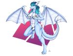  anthro bikini breasts bulge clothing dragerys_kholodno dragon draigy gynomorph hi_res horn intersex muscular muscular_intersex muscular_thighs nahura presenting presenting_breasts scalie smile solo spiked_tail spikes swimwear thick_thighs tongue tongue_out wings 
