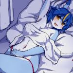  1:1 2019 anthro bed big_breasts blue_body blue_fur blue_hair blush breasts canid canine cleavage clothed clothing female fox fur furniture hair kemono mammal nanahoshi_suzu navel ohakotome open_mouth open_smile raised_arm red_clothing red_underwear smile solo towel underwear yellow_eyes 