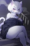  2020 4_fingers black_clothing black_topwear blush breasts cleavage clothed clothing felid feline female fingers fur hair hi_res ksyaro looking_at_viewer mammal open_mouth open_smile purple_eyes sitting small_breasts smile smoke smoking stairs topwear white_body white_fur white_hair 