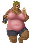  3:4 alcohol anthro aoino_broome bandanna beverage big_breasts breasts clothed clothing curvy_figure female huge_breasts looking_at_viewer mammal mature_female open_mouth simple_background slightly_chubby smile solo ursid voluptuous whiskey white_background 