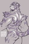  2020 anthro bare_back beard biceps biped butt catsudon cheek_tuft digital_drawing_(artwork) digital_media_(artwork) facial_hair facial_tuft felid fur fur_markings grey_background greyscale half-closed_eyes head_tuft inner_ear_fluff long_tail looking_at_viewer looking_back male mammal markings monochrome multicolored_body multicolored_fur muscular muscular_male narrowed_eyes nude pantherine rear_view shoulder_tuft signature simple_background smile solo standing striped_body striped_fur stripes text three-quarter_view tiger triceps tuft watermark white_text yakitora_(catsudon) 