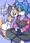  2019 5_fingers anthro black_bottomwear black_clothing black_pants black_shirt black_topwear blue_body blue_fur blue_hair blush bottomwear breasts canid canine cleavage clothed clothing controller dress duo female female/female fingers fluffy fluffy_tail fox fur game_controller grey_hair hair kemono mammal medium_breasts nanahoshi_suzu occhan ohakotome pants purple_background shirt simple_background sitting snout tan_body tan_fur topwear white_clothing white_dress 