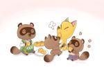  2015 animal_crossing anthro apron bottomwear brown_body brown_fur canid canine clothing crazy_redd eating eyes_closed food fox fur group hellox2 mammal nintendo pants raccoon_dog sitting slightly_chubby sweater tanuki timmy_nook tom_nook_(animal_crossing) tommy_nook topwear video_games 