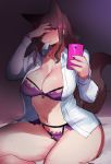  2019 4_fingers anthro big_breasts blush breasts brown_hair canid canine canis cleavage clothed clothing female fingers fluffy fluffy_tail hair hi_res kemono ksyaro lingerie long_hair mammal navel shirt sitting snout topwear white_clothing white_shirt white_topwear wolf 