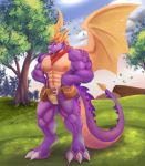  abs absurd_res activision anthro biceps big_muscles claws clothed clothing digital_media_(artwork) dragon hi_res horn huge_muscles koffisusu69 male mammal membrane_(anatomy) membranous_wings muscular muscular_male nipples notched_wings pecs purple_body scalie solo spread_wings spyro spyro_reignited_trilogy spyro_the_dragon standing vein video_games wings 