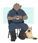  2020 anthro arkross1999 belly bottomwear brown_body brown_fur bulge canid canine canis clothing domestic_dog doughnut feral food fur hi_res kemono male mammal overweight overweight_male pants police police_uniform shirt sitting tongue tongue_out topwear uniform ursid 