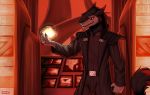  2020 anthro bottomwear clothing fur hi_res male nya-wolf orb painting pants red_eyes ring sergal smile solo suit uniform 