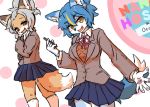  2019 5_fingers anthro big_breasts blue_body blue_fur blue_hair breasts canid canine clothed clothing duo english_text female fingers fluffy fluffy_tail fox fur grey_hair hair kemono legwear mammal nanahoshi_suzu occhan ohakotome open_mouth open_smile pawpads red_eyes school_uniform simple_background smile socks tan_body tan_fur text topwear uniform white_clothing white_legwear white_socks yellow_eyes 