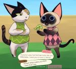  2020 animal_crossing anthro calico_cat clothed clothing conditional_dnp domestic_cat duo english_text felid feline felis female hi_res mammal mottled nakoo nintendo piebald siamese text video_games 