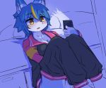  2019 5_fingers anthro big_breasts blue_body blue_fur blue_hair blush breasts canid canine cellphone cleavage clothed clothing female fingering fingers fox fur hair kemono mammal masturbation nanahoshi_suzu ohakotome pants_down partially_clothed phone shirt sitting smartphone snout solo topwear yellow_eyes 
