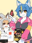  2019 3:4 anthro beverage big_breasts blue_body blue_fur blue_hair bottomwear breasts canid canine chips_(disambiguation) clothed clothing cute_fangs dress duo female fluffy fluffy_tail fox fur grey_hair hair kemono mammal nanahoshi_suzu occhan ohakotome open_mouth open_smile pants red_eyes shirt simple_background smile snout soda tan_body tan_fur topwear white_clothing white_dress yellow_background 