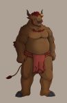  2018 anthro arkross1999 belly bovid bovine brown_body brown_fur cattle clothing fur hi_res kemono loincloth male mammal scar simple_background slightly_chubby solo 
