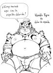  2020 anthro aretna belly bottomwear bulge clothing felid hi_res hombretigre humanoid_hands kemono male mammal monochrome moobs navel nipples overweight overweight_male pantherine shorts simple_background sitting solo spanish_text text tiger tokyo_afterschool_summoners video_games white_background 
