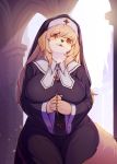  arch big_breasts blonde_hair blush breasts canid canine female fur habit hair hands_together hi_res kemono long_hair looking_at_viewer mammal nun open_mouth rosary whooo-ya wide_hips yellow_body yellow_fur 