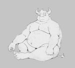  2019 anthro arkross1999 belly bovid bovine cattle humanoid_hands kemono low_res male mammal monochrome overweight overweight_male simple_background sitting solo 