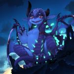  1:1 anthro bioluminescence blue_body blue_skin breasts broken_horn claws crouching dragon featureless_breasts female glowing hi_res horn kamukamu6392 nude open_mouth red_eyes scalie sharp_teeth slit_pupils small_breasts solo teeth wings 
