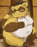  2020 anthro asian_clothing belly bodily_fluids brown_body brown_fur canid canine clothing east_asian_clothing fundoshi fur green_eyes hi_res humanoid_hands japanese_clothing kemono male mammal moobs navel overweight overweight_male raccoon_dog sengoku_puzzle solo sweat tanuki tokugawa_ieyasu tongue tongue_out underwear video_games yamatoji201 