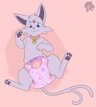  &lt;3 &lt;3_eyes ambiguous_gender collar cuddlehooves diaper eeveelution espeon feral hi_res lying nintendo pawpads paws pok&eacute;mon pok&eacute;mon_(species) smile solo video_games watermark 