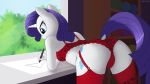  16:9 4k absurd_res anthro bra breasts butt clothing equid female friendship_is_magic garter_belt garter_straps hi_res horn irisarco mammal my_little_pony panties paper rarity_(mlp) solo underwear unicorn widescreen window 